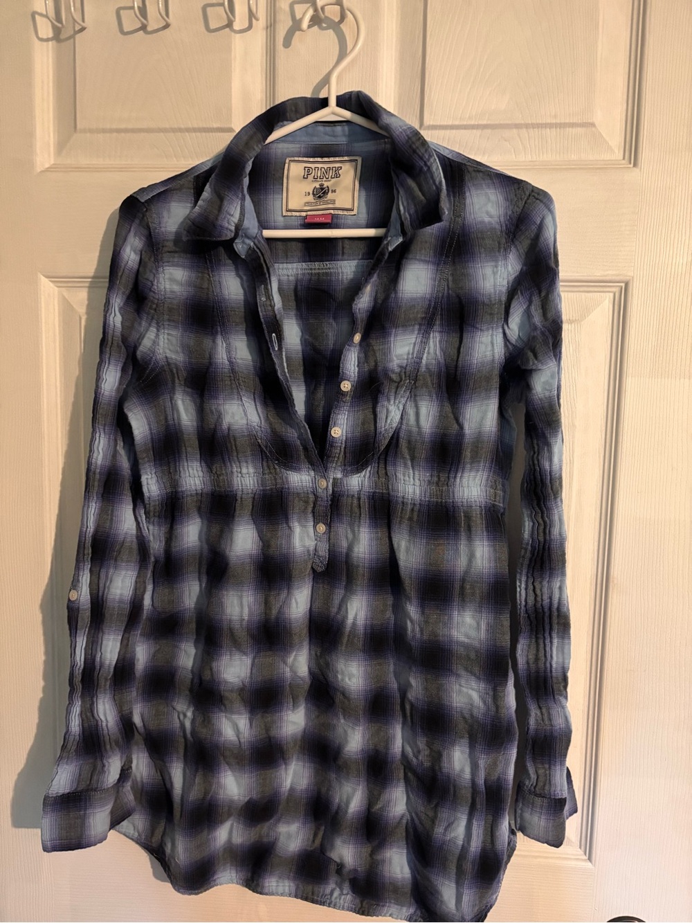 PINK Victoria's Secret Blue and Black Plaid Button-Down Shirt